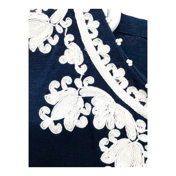 TALBOTS - WOMEN'S BLUE & WHITE 3/4 SLEEVE EMBROIDERED KNIT T-SHIRT TOP - Size S - Picture 10 of 12